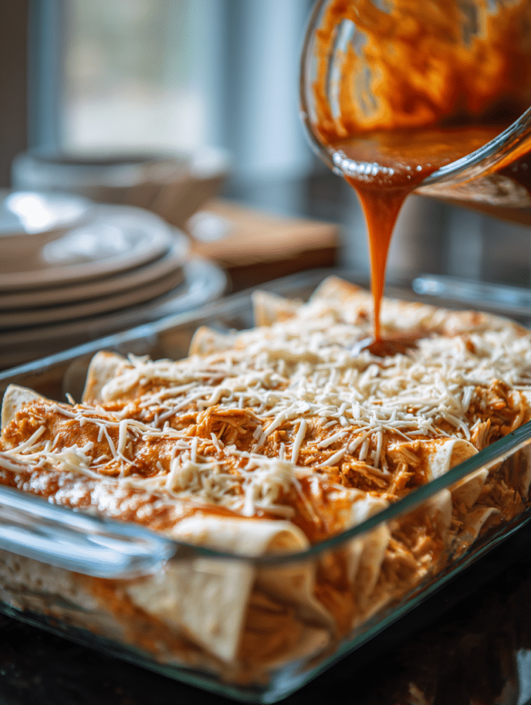 layering chicken enchiladas casserole with tortillas chicken and sauce