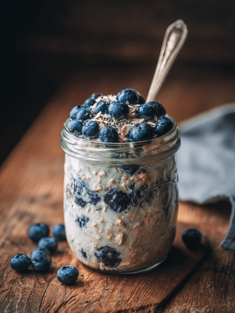 mixing blueberry overnight oats in jar