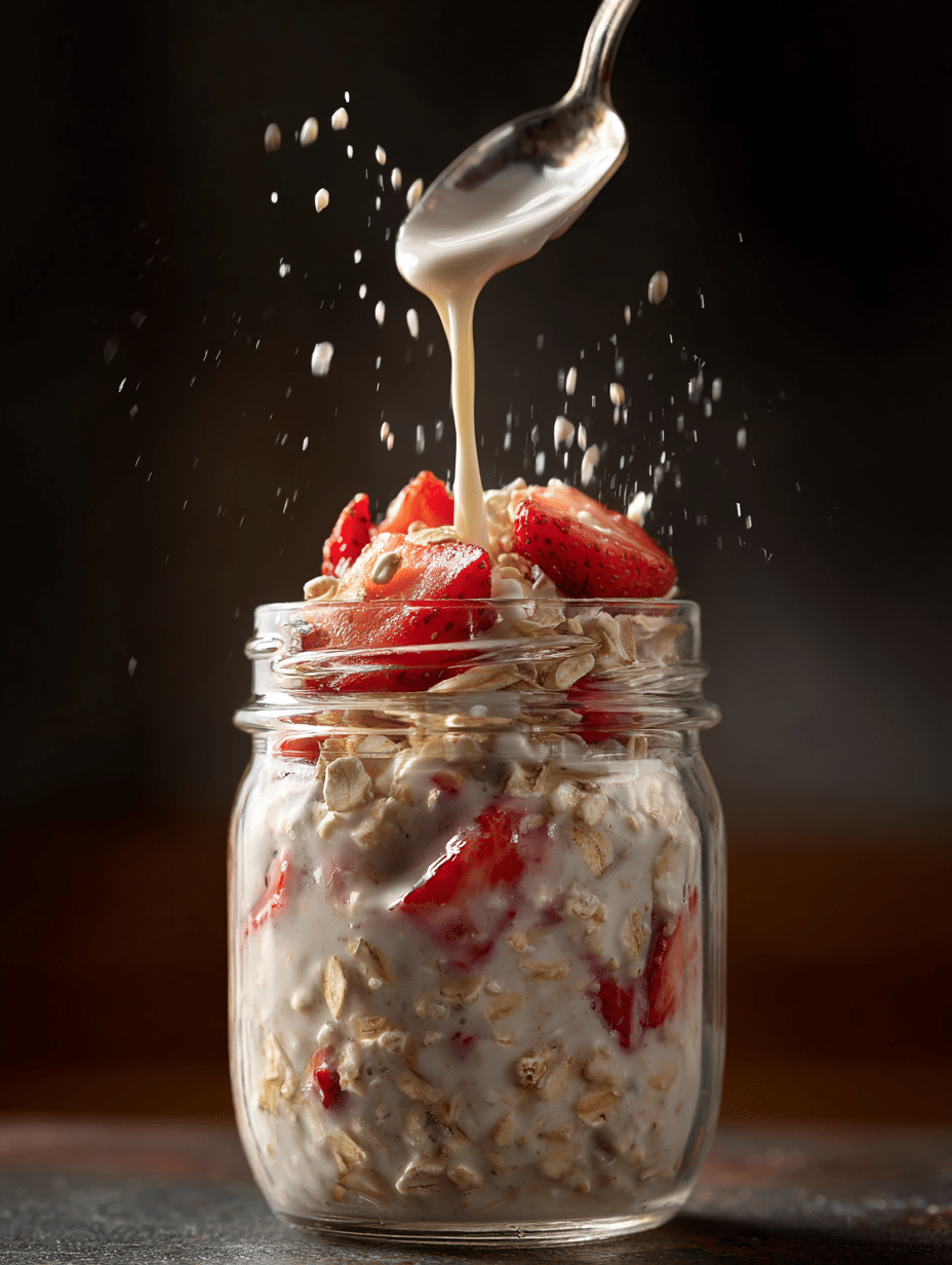 mixing strawberry overnight oats ingredients