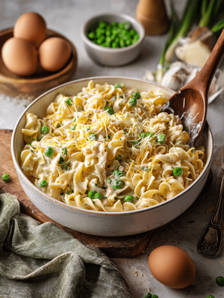 Mixing tuna casserole recipe with noodles, peas, and creamy sauce