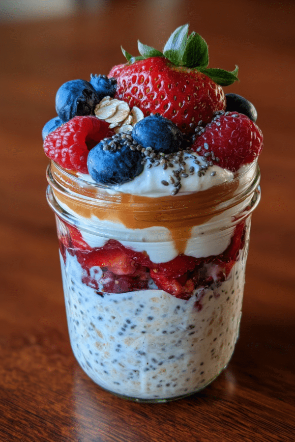 overnight oats with yogurt in jar topped with berries