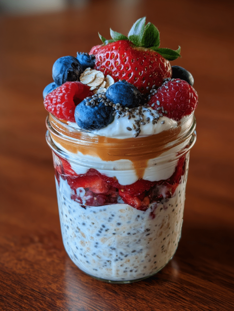 Overnight Oats With Yogurt 1 overnight oats with yogurt in jar topped with berries