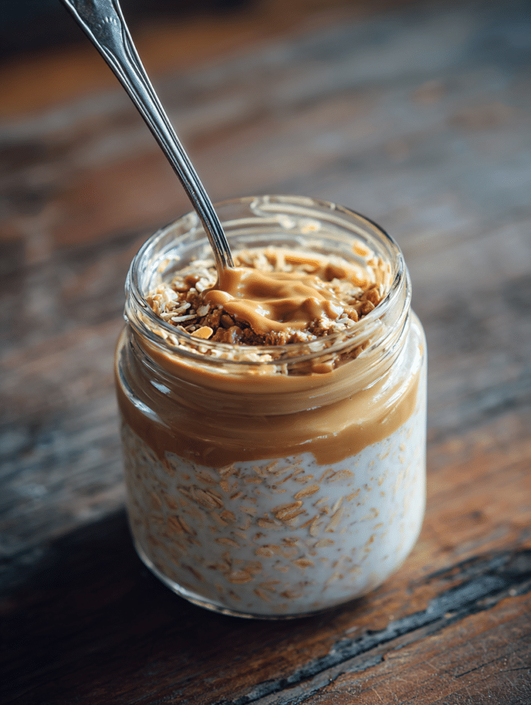 mixing peanut butter overnight oats in jar