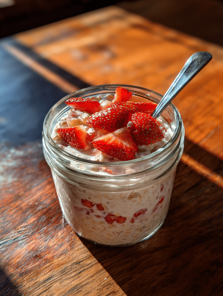 strawberry overnight oats recipe in glass jar