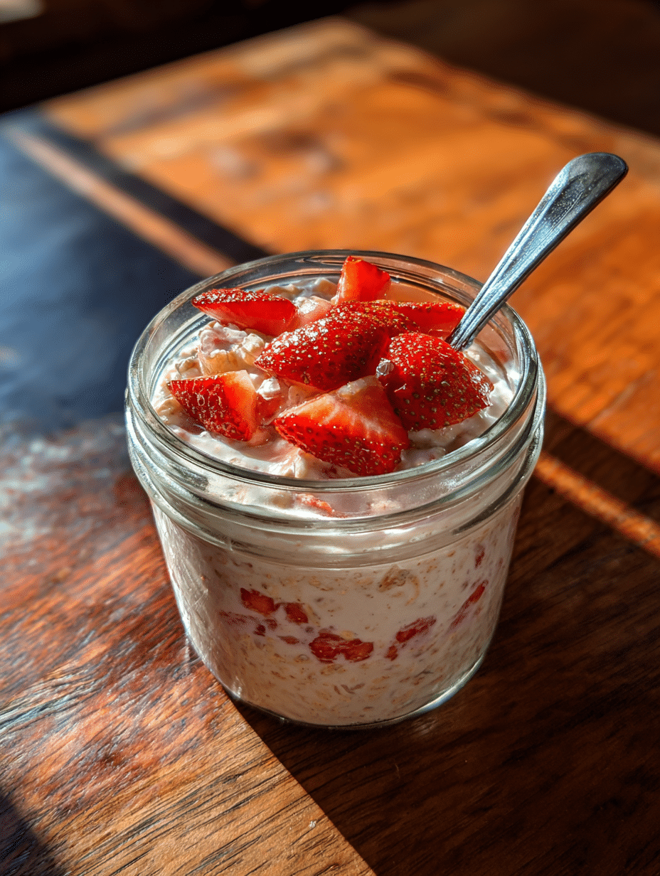 strawberry overnight oats recipe in glass jar