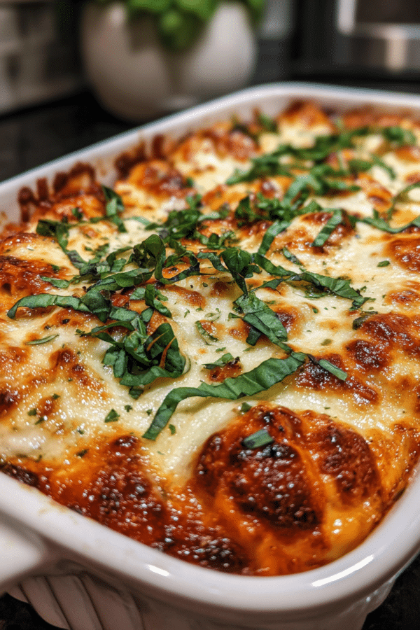 Tortellini casserole recipe baked with creamy tomato sauce and melted mozzarella