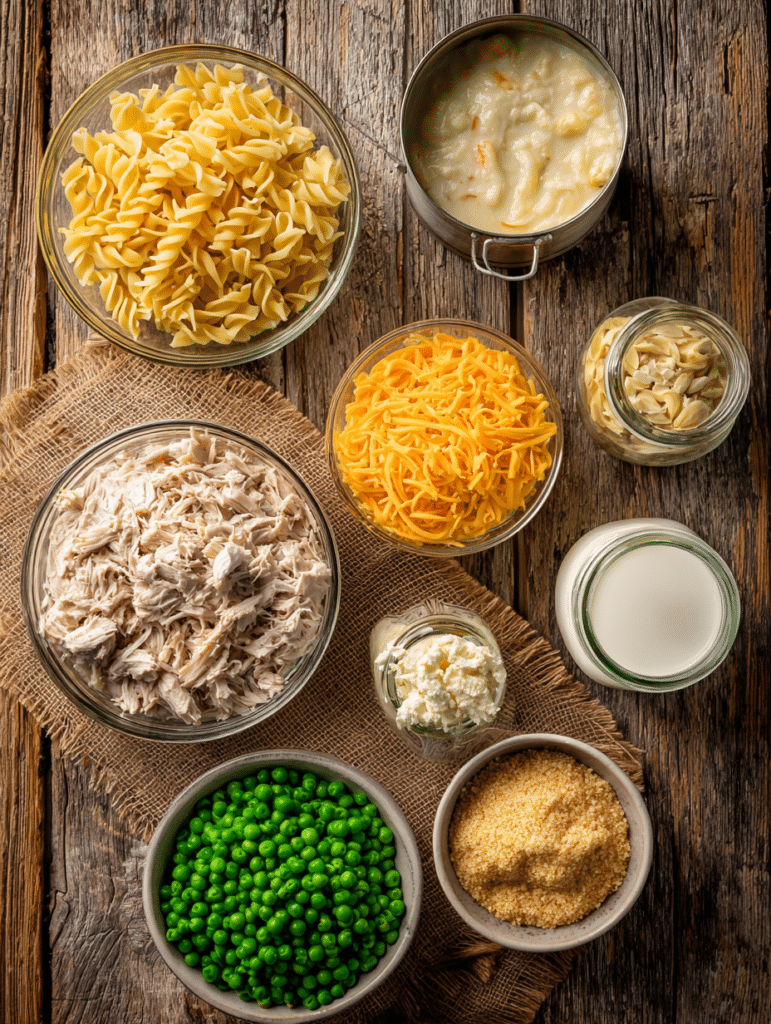 Ingredients for tuna casserole recipe including noodles, tuna, cheese, and peas