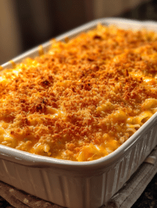 Creamy tuna noodle casserole with golden melted cheese in baking dish