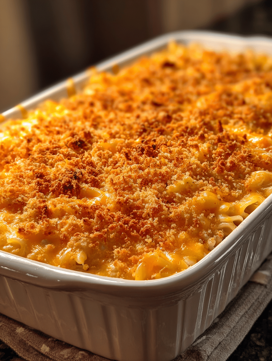 Creamy tuna noodle casserole with golden melted cheese in baking dish