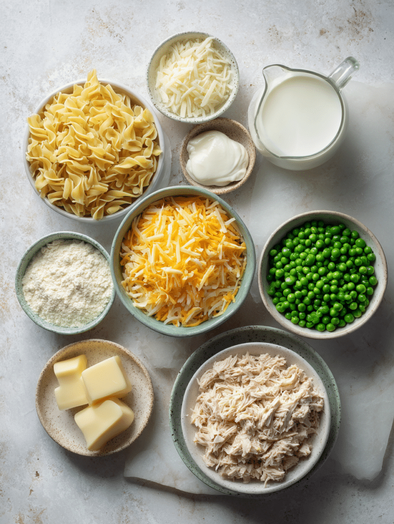 Ingredients for homemade tuna noodle casserole recipe